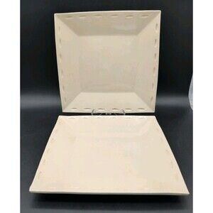 PPX5 Simon Pearce 2 Dinner Plates Cream Embossed Dashes DAMAGE